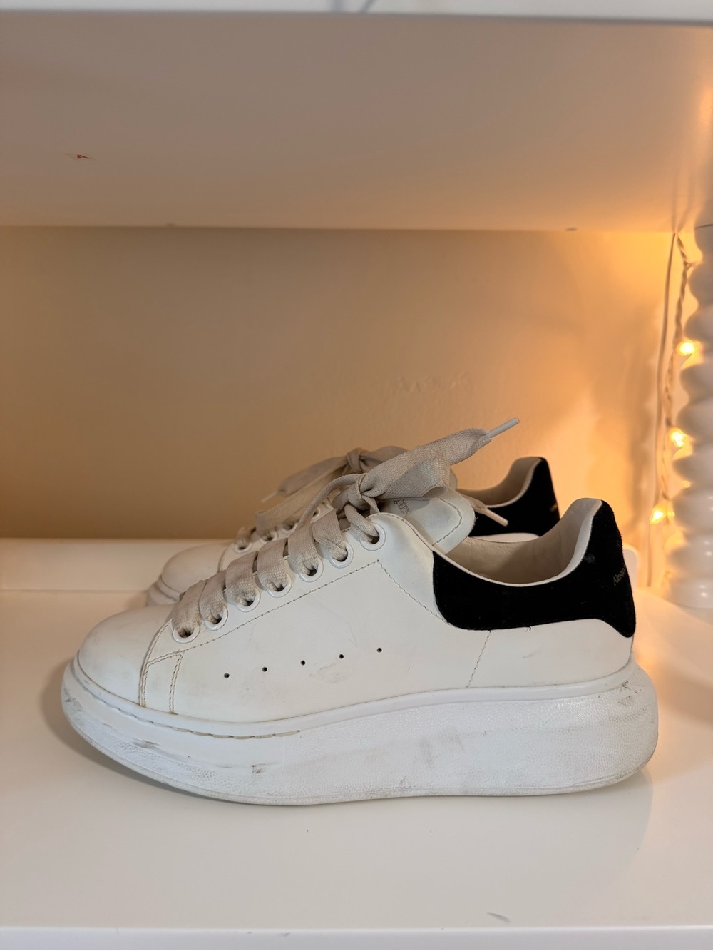 White Platform Lace-Up Sneakers with Black Heel Accent